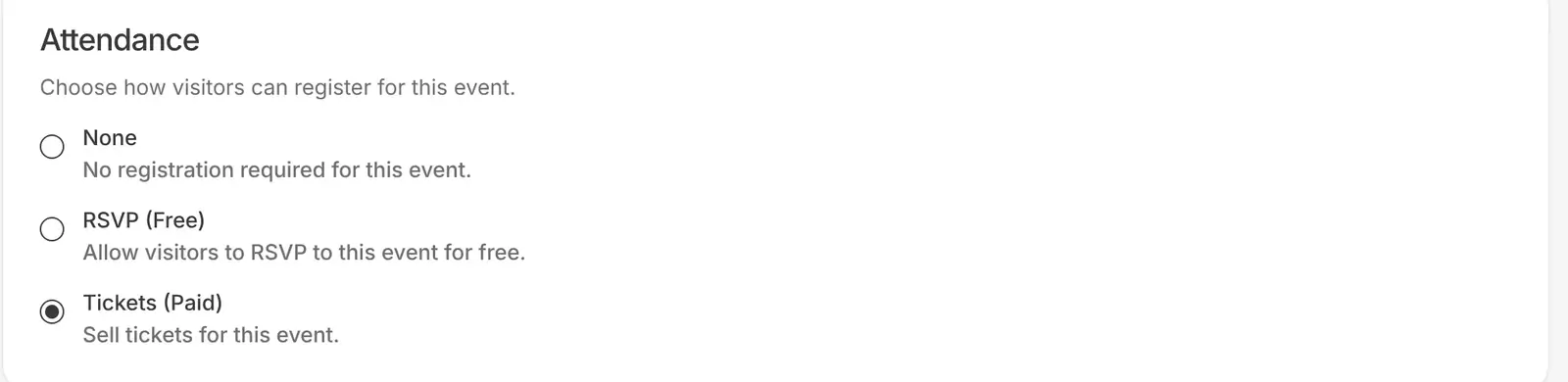 EventKoi event Attendance setting with Tickets (Paid) selected, alongside None and RSVP (Free)