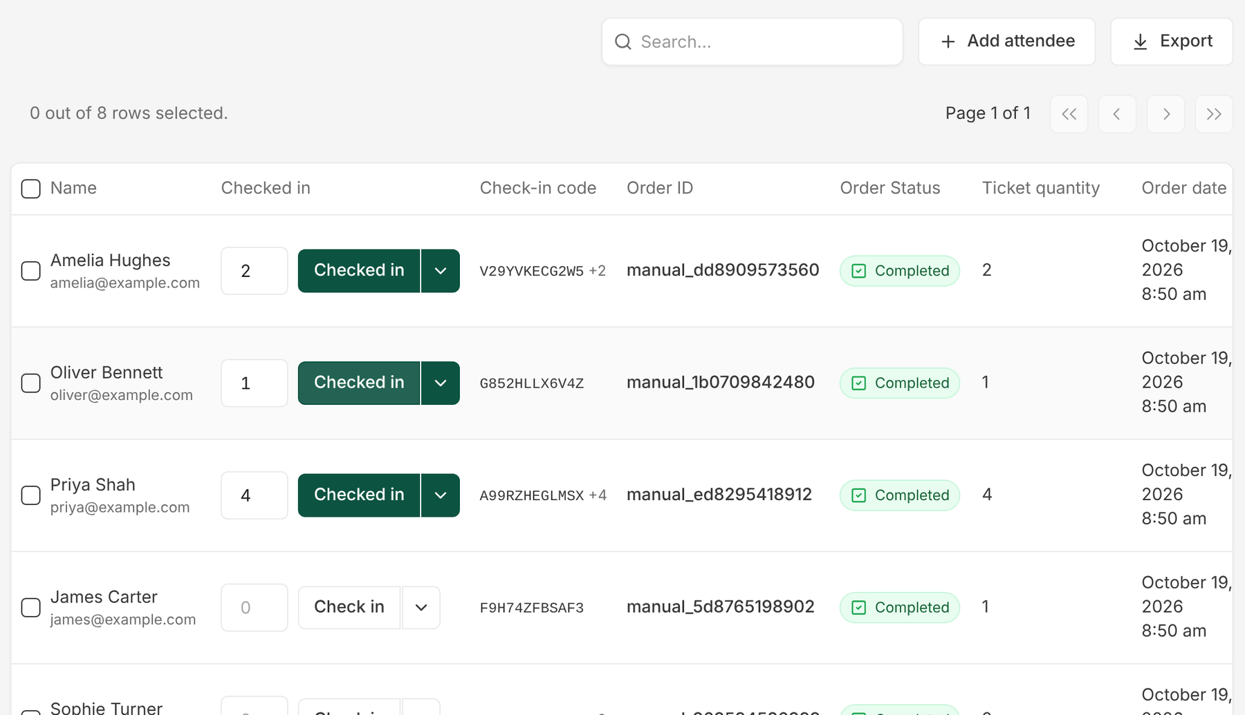 EventKoi attendee list with check-in buttons, check-in codes and order status for each attendee