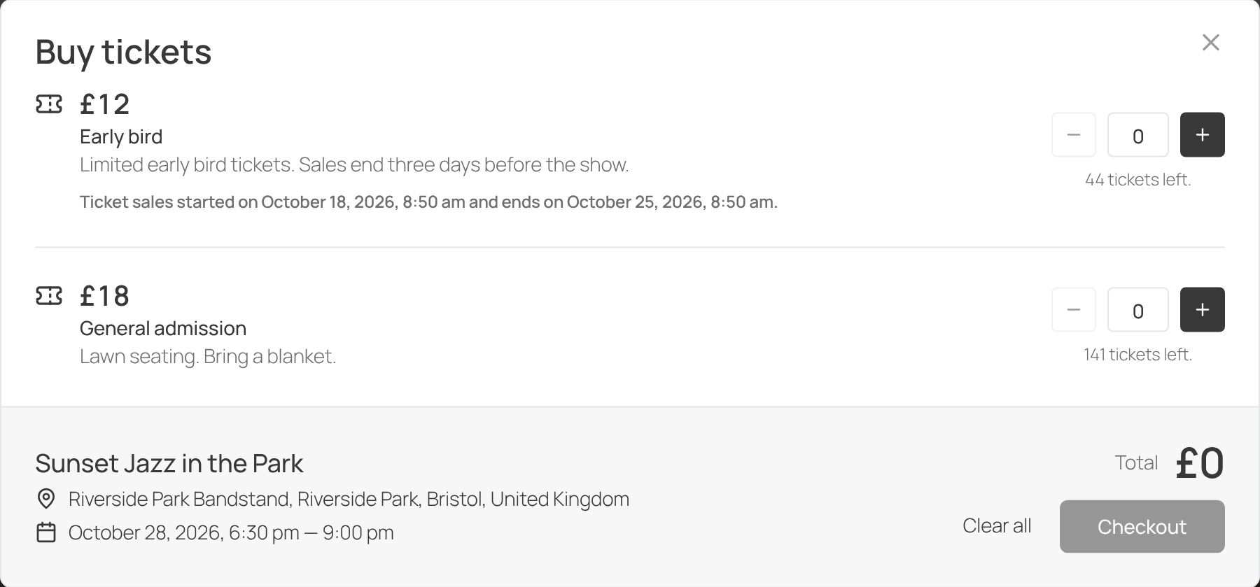 EventKoi Buy tickets window on a WordPress event page, showing an Early bird ticket at 12 pounds and General admission at 18 pounds