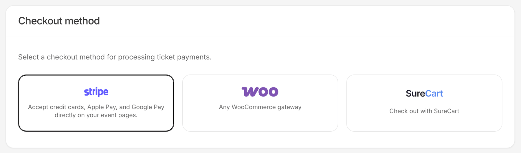 EventKoi Payments settings with the Checkout method options: Stripe, WooCommerce and SureCart