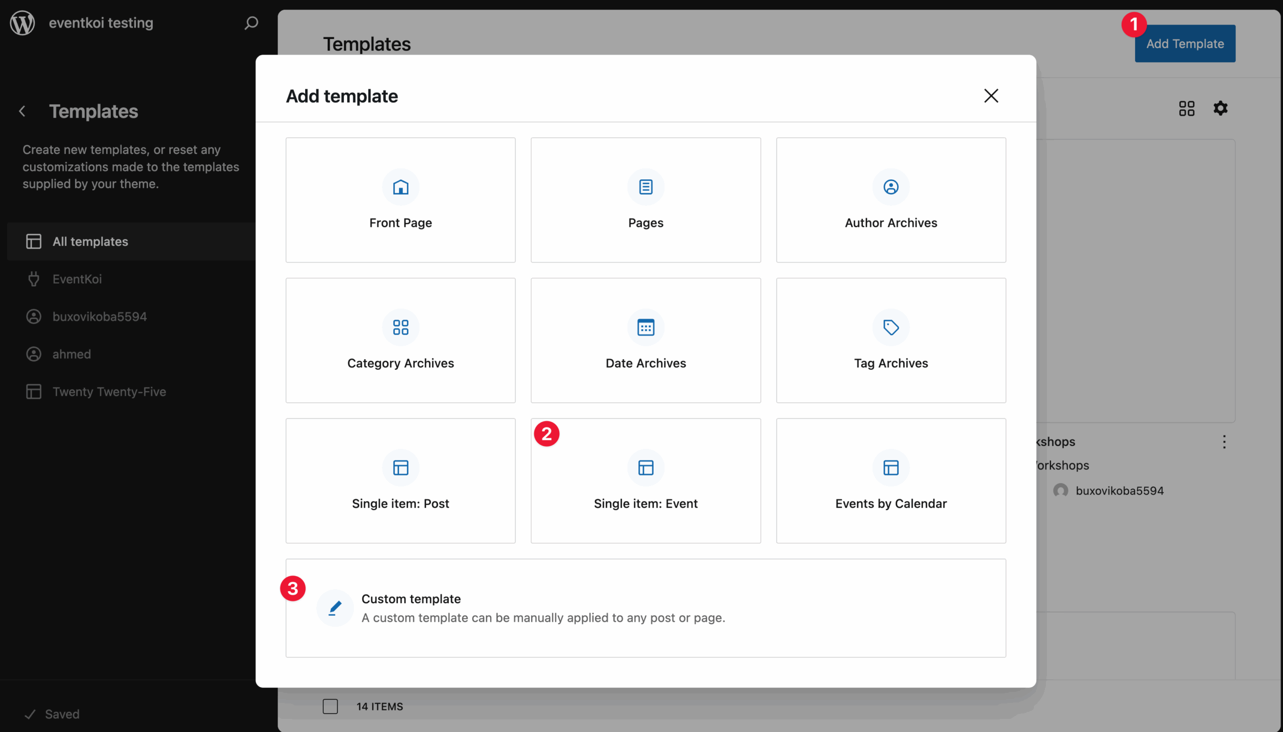 Screenshot: Showing how you can create a new events template.