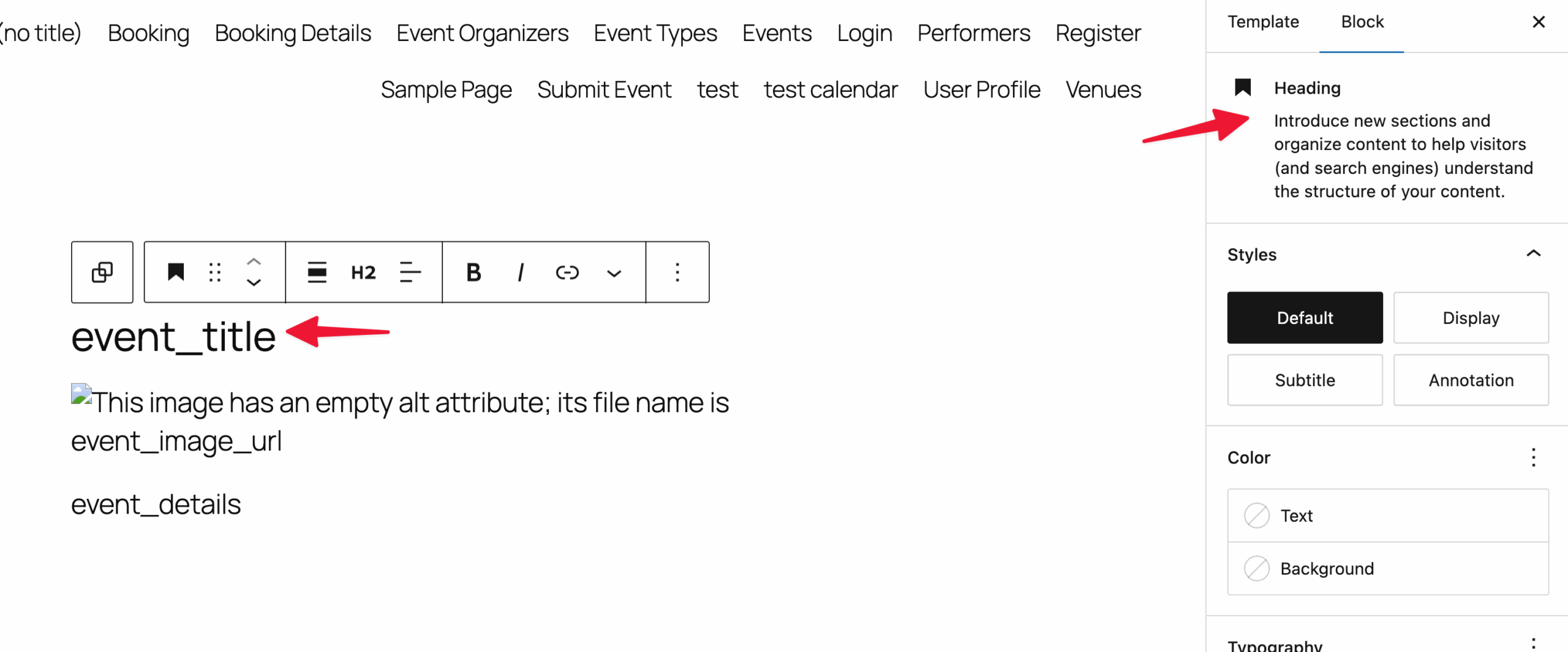 Screenshot: A Heading block is added into the block editor with the content "event_title".