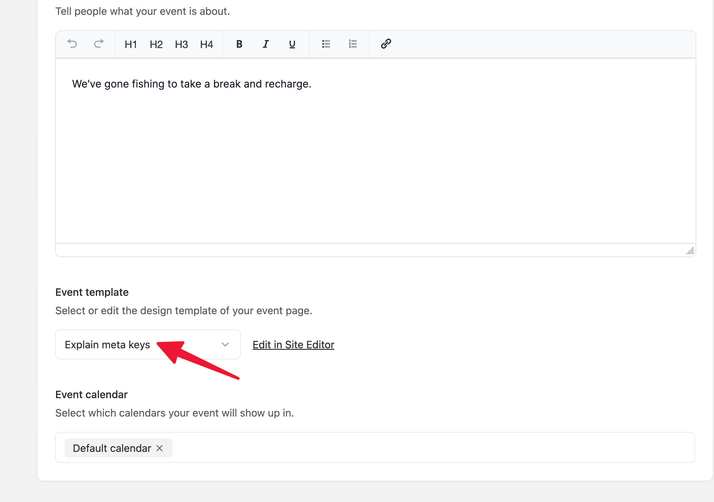 Screenshot: Inside the EventKoi event settings, there is an option to select the event template.