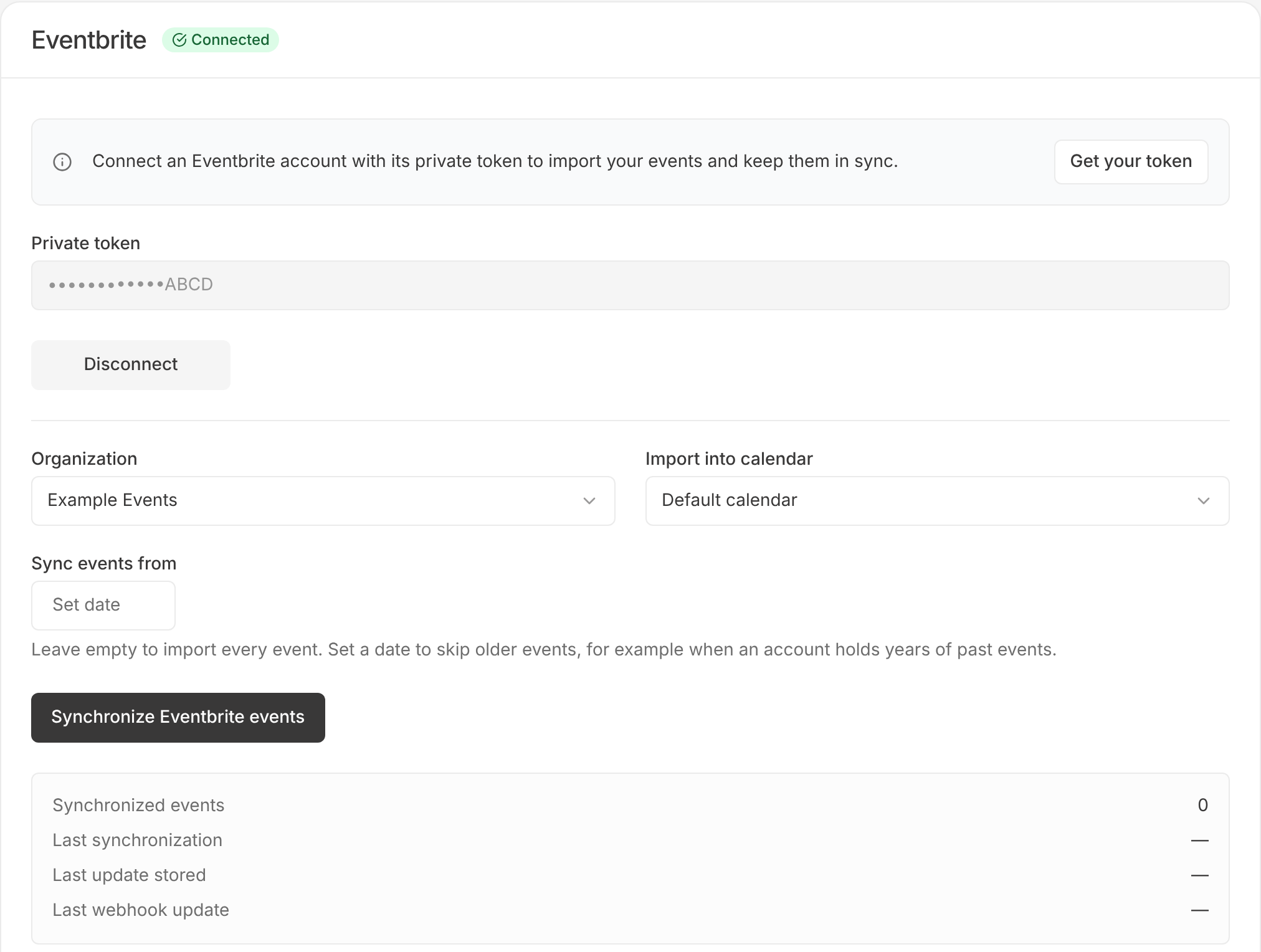 Connected Eventbrite card showing Organization, Import into calendar, Sync events from, the Synchronize Eventbrite events button and the sync status panel