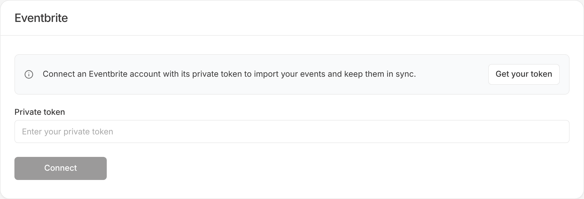 Eventbrite card in EventKoi API and integrations settings with a Get your token button, Private token field and Connect button