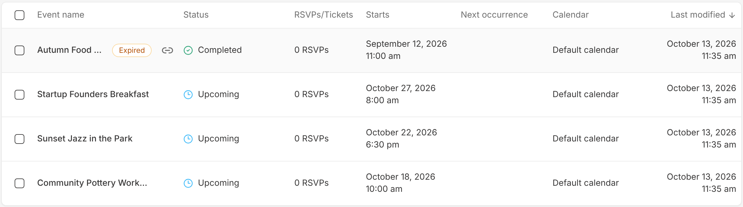 EventKoi events list with an Expired badge next to the Autumn Food Market event, which shows the status Completed