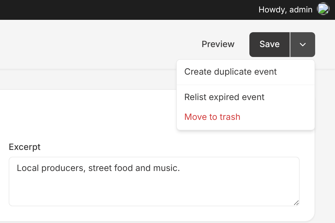 Event editor menu next to the Save button showing Create duplicate event, Relist expired event and Move to trash