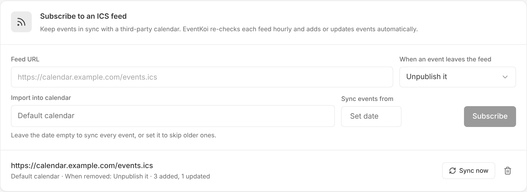 Subscribe to an ICS feed form with one subscribed feed listed below it, showing the Sync now button and the Remove feed bin icon