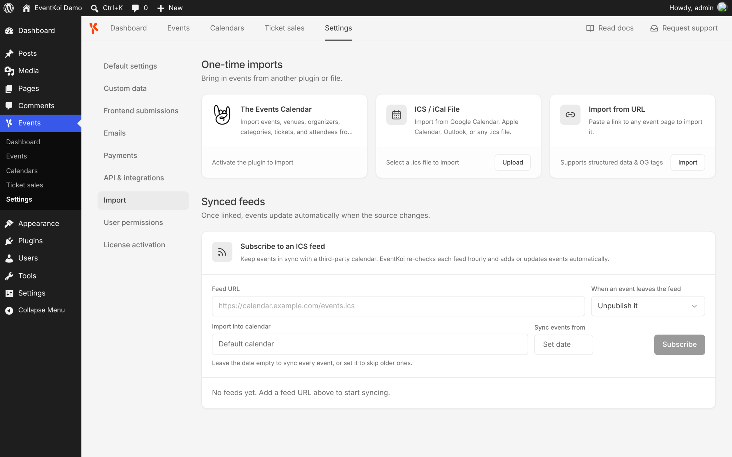 EventKoi Pro Import settings tab with The Events Calendar, ICS / iCal File and Import from URL cards above the Synced feeds section