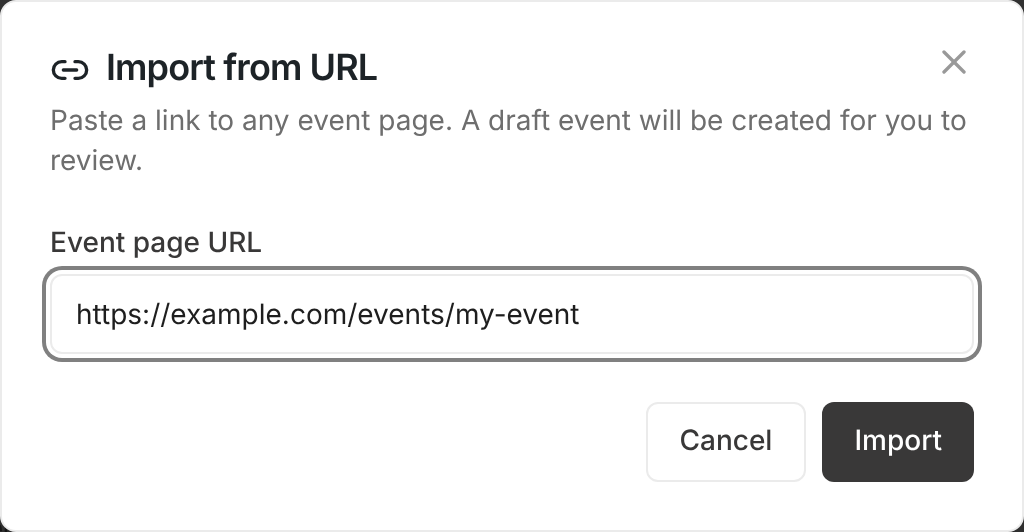 Import from URL dialog with an event page address entered in the Event page URL field