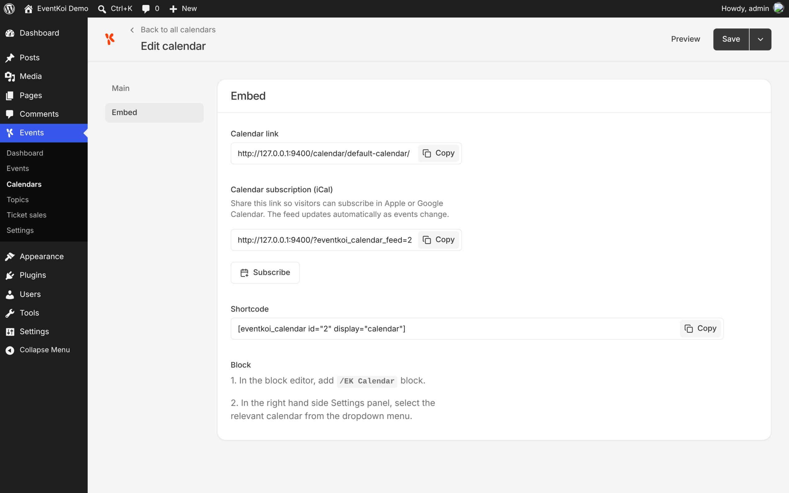 Edit calendar screen on the Embed tab, showing the Calendar subscription (iCal) feed link with Copy and Subscribe buttons