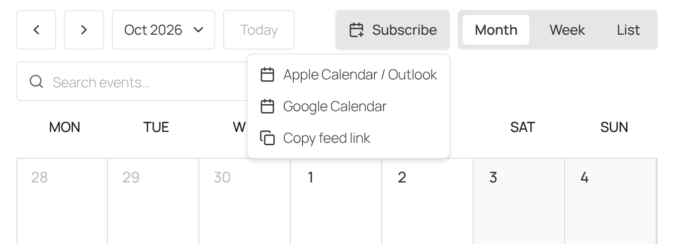 EventKoi calendar toolbar with the Subscribe menu open, listing Apple Calendar / Outlook, Google Calendar and Copy feed link