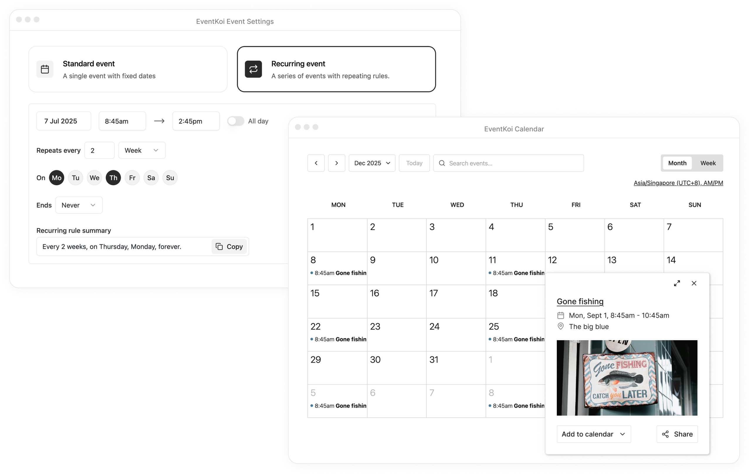 EventKoi UI and calendar